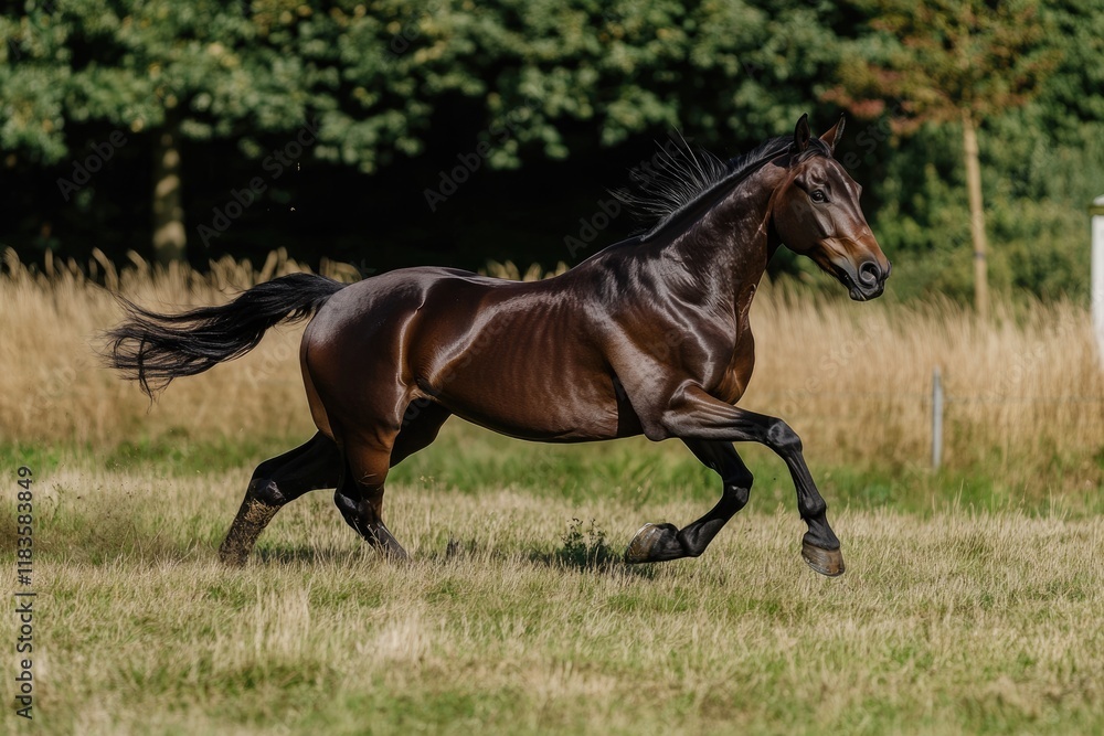 Majestic Bay Horse Galloping Freely Across a Lush Meadow Majestic Bay Horse Galloping Freely Across a Lush Meadow