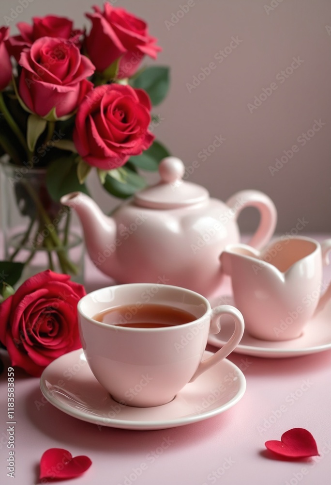 Fototapeta premium Valentine's Day still life, a romantic tea set with a heart-shaped teapot and matching cups, placed next to a bouquet of roses