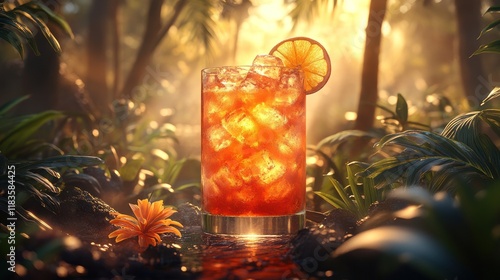 Iced tea in jungle at sunset.