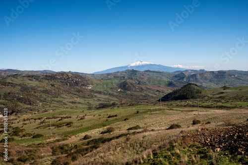 View of Etna volcano from Nicosia in Sicily photo