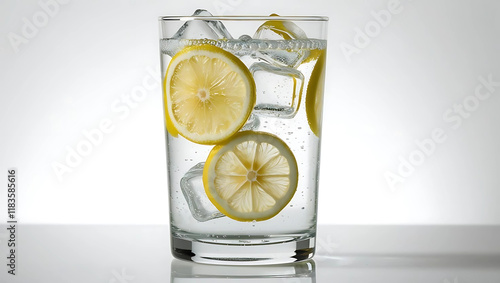 A close-up of a glass filled with water, ice cubes, and lemon slices. The image captures the refreshing and cooling essence of a summer drink