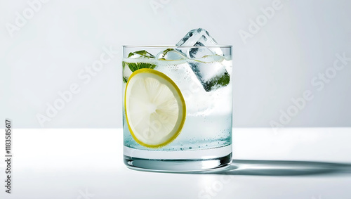 A close-up of a glass filled with water, ice cubes, and lemon slices. The image captures the refreshing and cooling essence of a summer drink