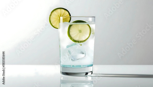A close-up of a glass filled with water, ice cubes, and lemon slices. The image captures the refreshing and cooling essence of a summer drink