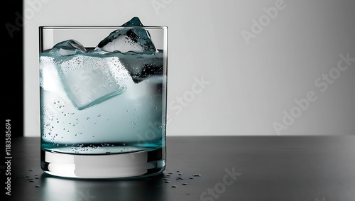 A close-up of a glass filled with sparkling water and ice cubes, placed on a dark surface. The bubbles and condensation add a refreshing feel