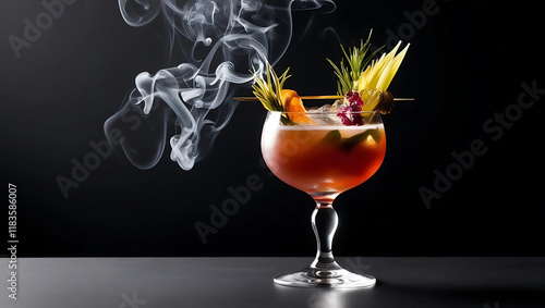 A vibrant red cocktail garnished with fresh herbs, flowers, and ice cubes, set against a dark background with swirling smoke