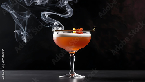 A vibrant red cocktail garnished with fresh herbs, flowers, and ice cubes, set against a dark background with swirling smoke