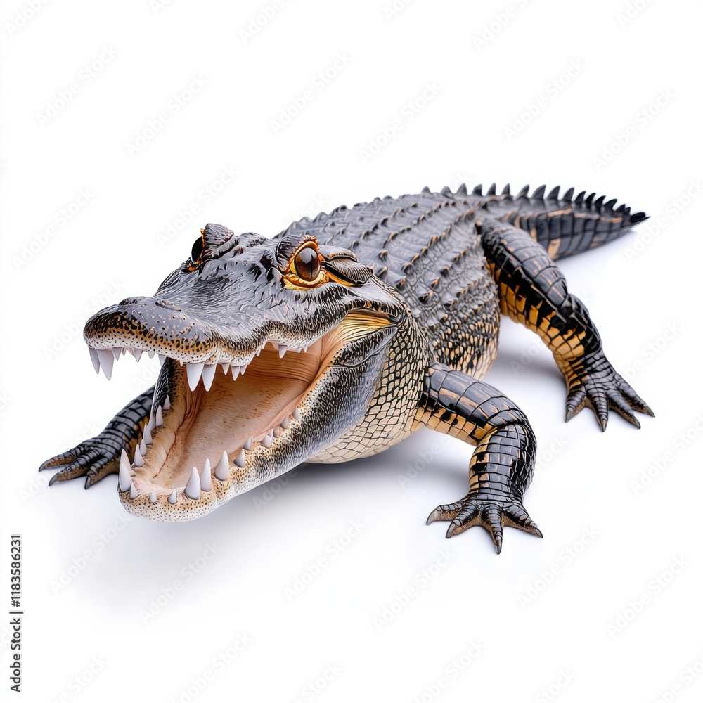 Powerful Alligator with Open Jaws, showcasing sharp teeth and detailed scales against a pristine white background. Powerful Alligator with Open Jaws, showcasing sharp teeth and detailed scales against a pristine white background.