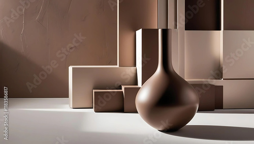 A sleek, brown vase with a modern, minimalist design stands beside a textured, rectangular block against a brown and white backdrop