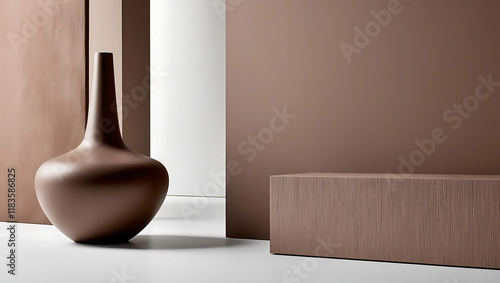 A sleek, brown vase with a modern, minimalist design stands beside a textured, rectangular block against a brown and white backdrop