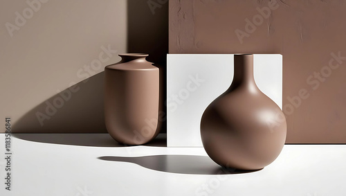 A sleek, brown vase with a modern, minimalist design stands beside a textured, rectangular block against a brown and white backdrop