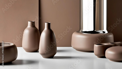 A sleek, brown vase with a modern, minimalist design stands beside a textured, rectangular block against a brown and white backdrop