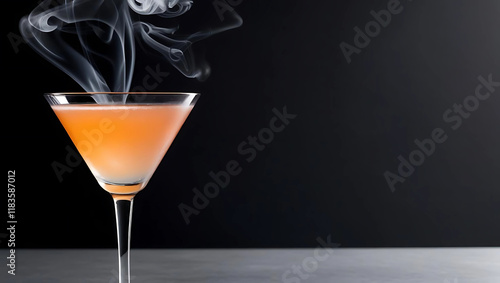 Design ohne Titel - 1A sophisticated cocktail in a coupe glass, garnished with a lemon twist and emitting elegant smoke tendrils against a dark background