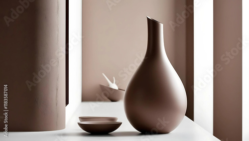 A sleek, brown vase with a modern, minimalist design stands beside a textured, rectangular block against a brown and white backdrop