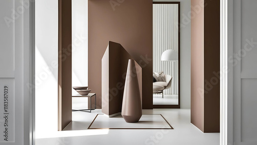 A sleek, brown vase with a modern, minimalist design stands beside a textured, rectangular block against a brown and white backdrop