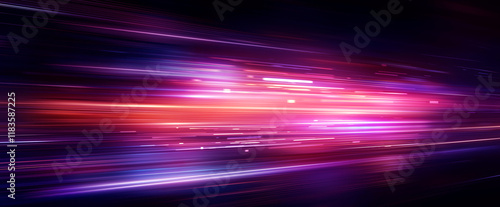 Bright horizontal streaks of light in vibrant red, pink, and purple tones moving across a dark background. Concept of speed and motion. 3d illustration