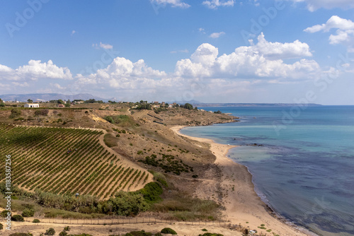 View of the coast and countryside from above in the Menfi area in Sicily