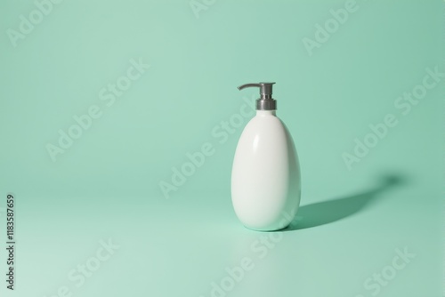 A modern ceramic soap dispenser with a pump on a pastel jade background photo