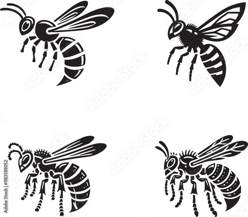 Honeybee and Wasp Silhouettes - Black and White Insect Vector Illustrations
