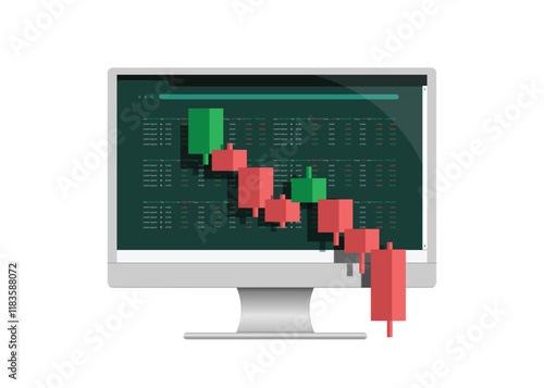 Cryptocurrency chart candlestick chart descends from green to red and results in losses for traders. All placed on trading website on a computer screen. Isolated 3D vector for stock investment media