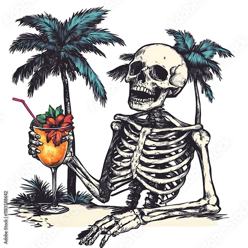 Skeleton enjoys cocktail at beach