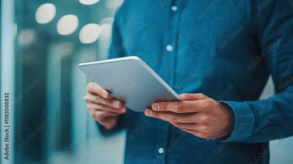 A man hand holds a tablet device while standing indoors, surrounded by soft lighting and a modern atmosphere. A man hand holds a tablet device while standing indoors, surrounded by soft lighting and a modern atmosphere.