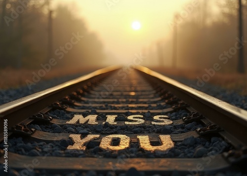 MISS YOU etched in the fading light on an old train track with empty rails stretching into a foggy horizon
