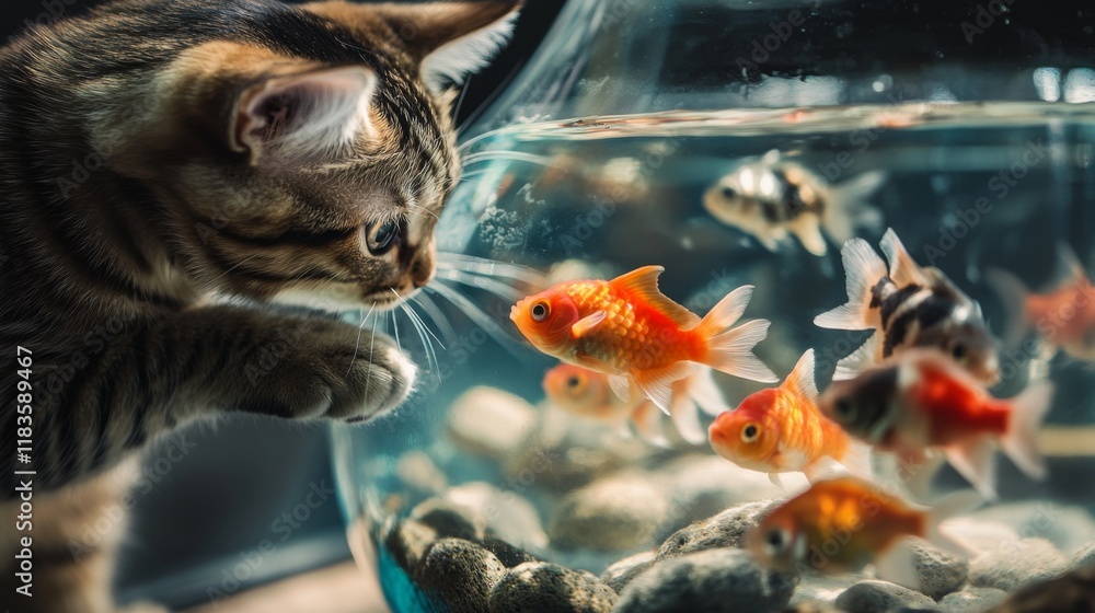 A curious cat gazes into a fish tank filled with colorful goldfish. The playful interaction between the cat and fish brings joy to any viewer. Generative AI. A curious cat gazes into a fish tank filled with colorful goldfish. The playful interaction between the cat and fish brings joy to any viewer. Generative AI.