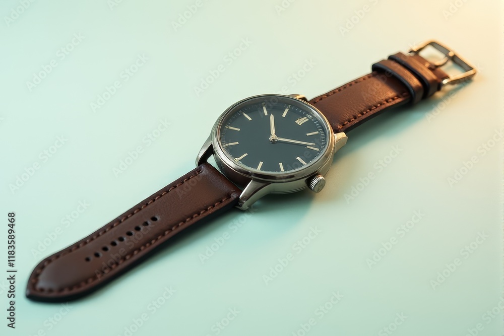 A stylish leather watch strap with minimalist details placed on a pastel pearl background A stylish leather watch strap with minimalist details placed on a pastel pearl background