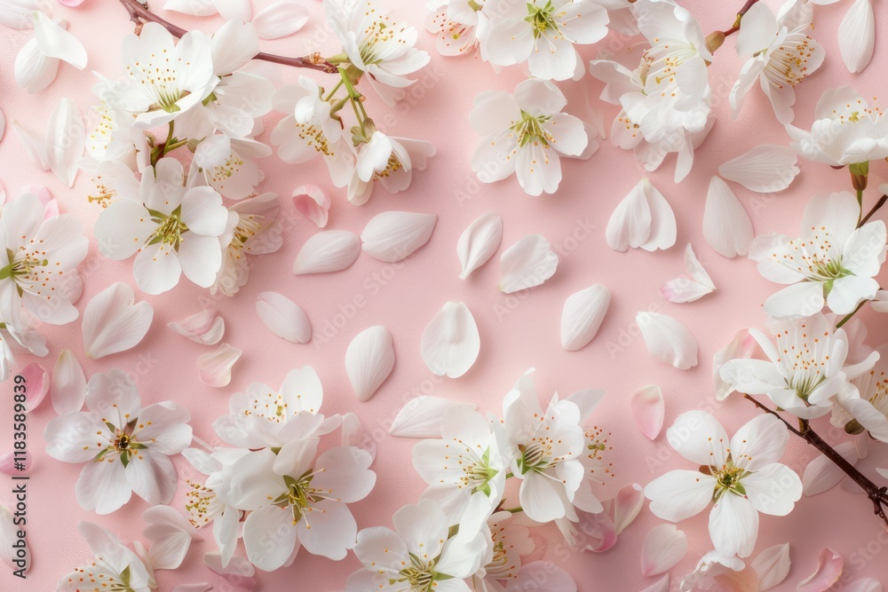 Fototapeta premium Fresh branch of white cherry blossoms and petals on light pink background. Pastel color. Professional photo