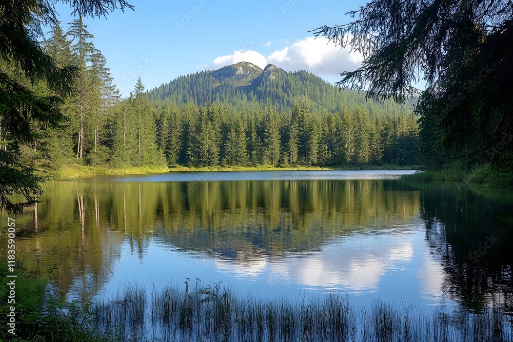 Fototapeta premium Mountain lake reflected in still water surrounded by trees