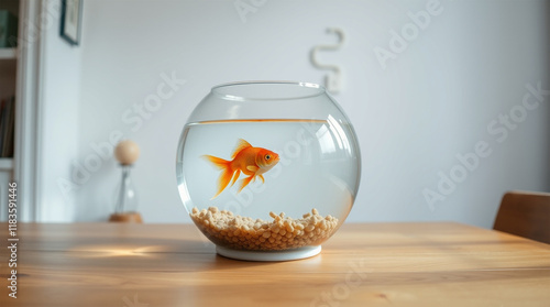 A vibrant orange goldfish gracefully swims in a crystal-clear glass bowl, a miniature underwater world,  A photo of a goldfish bowl on a wooden table with a simple background