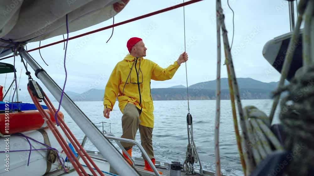 Sailing And Boating In Ocean Or Northern Sea, Portrait Of Handsome Sailor In Yellow Raincoat Sailing And Boating In Ocean Or Northern Sea, Portrait Of Handsome Sailor In Yellow Raincoat