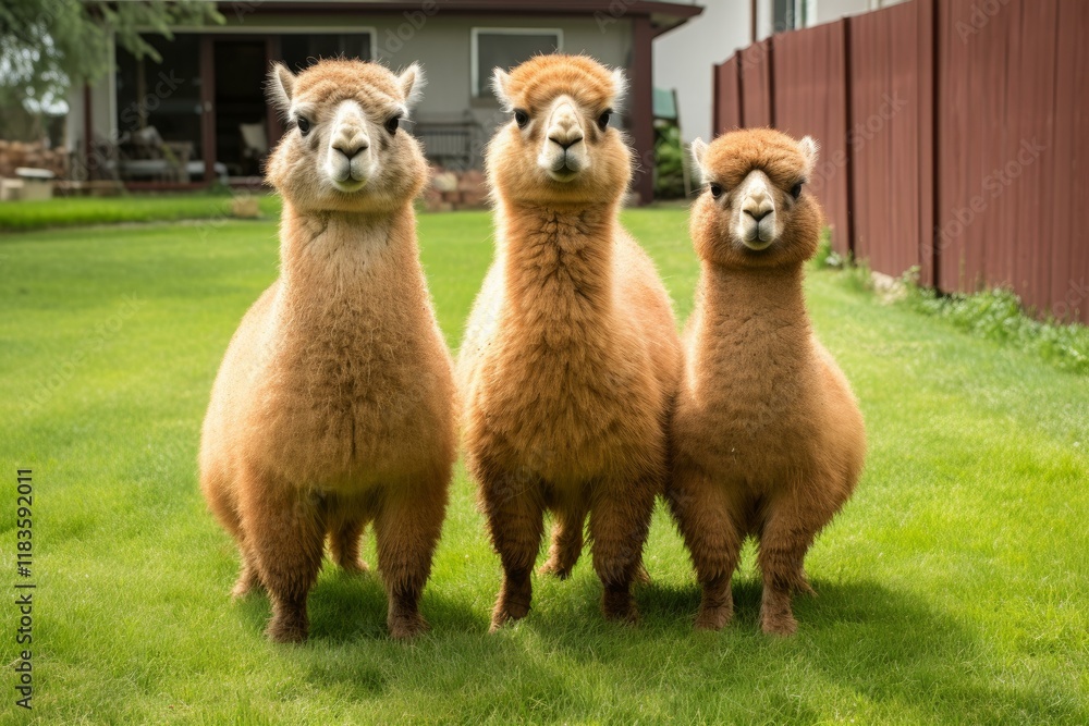 Three alpacas standing on a grassy lawn, possibly in a suburban setting, enjoying their surroundings Three alpacas standing on a grassy lawn, possibly in a suburban setting, enjoying their surroundings