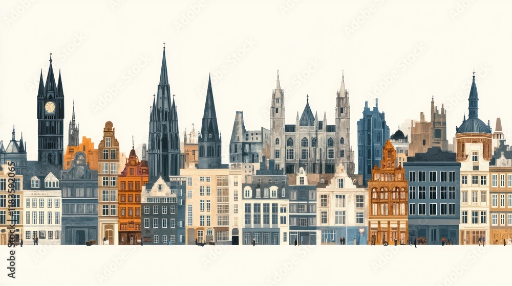 Fototapeta premium A colorful, illustrated skyline of a European city with a variety of historical buildings, including churches and townhouses.
