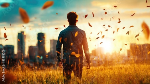 Man standing in a city field at sunset with leaves. Generative AI photo