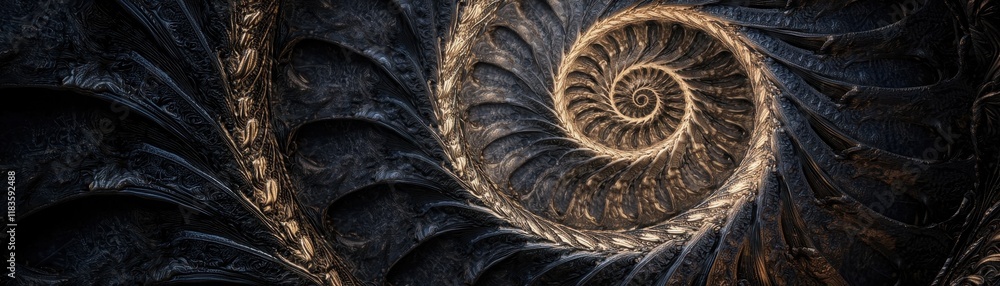 Obraz premium A captivating spiral pattern resembling a nautilus shell, showcasing intricate details and a dark, textured background.