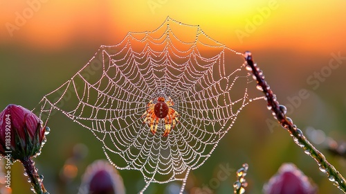 Dew-Covered Spider Web at Sunrise photo