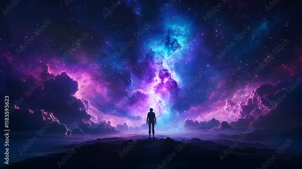 Astronaut Floating Gracefully in Vibrant Interstellar Landscape with Cosmic Debris and Swirling Nebulae Astronaut Floating Gracefully in Vibrant Interstellar Landscape with Cosmic Debris and Swirling Nebulae