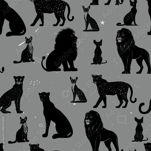 Photography Seamless Pattern of Big Cats on Gray Background