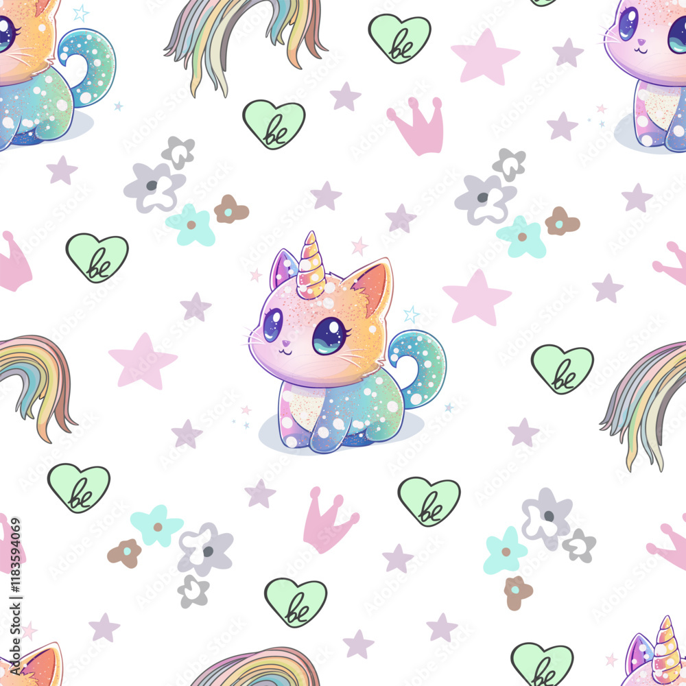 Obraz premium Seamless Pattern with Rainbow Cats and Unicorns. Cute Pastel Unicorn Cats and Melting Rainbows. Adorable Kawaii Caticorns with Stars and Rainbows