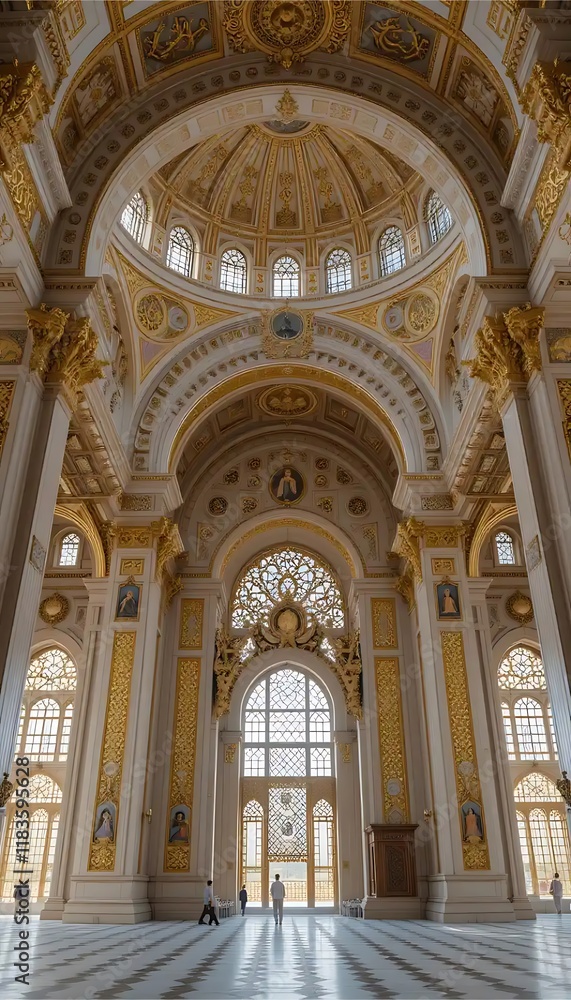 Fototapeta premium Grand Cathedral Interior: Golden Arches, Domes, and Sunlight