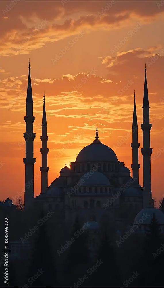 Fototapeta premium Silhouetted Mosque at Sunset: A Dramatic Architectural Scene