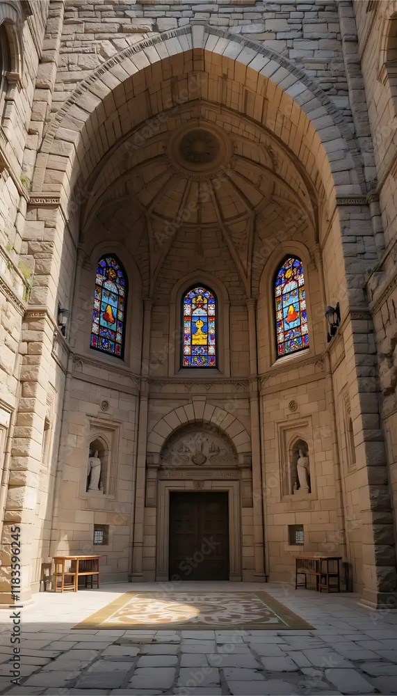 Fototapeta premium Stone Chapel's Serene Interior: Stained Glass and Archway