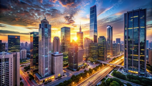 Wallpaper Mural Modern cityscape with sleek skyscrapers and busy streets at dawn, business, city,  business Torontodigital.ca