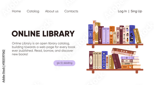 Online library website design. Digital catalog, book shelf homepage. Landing page template , user interface for reading and education web-site. Virtual literature archive. Flat vector illustration