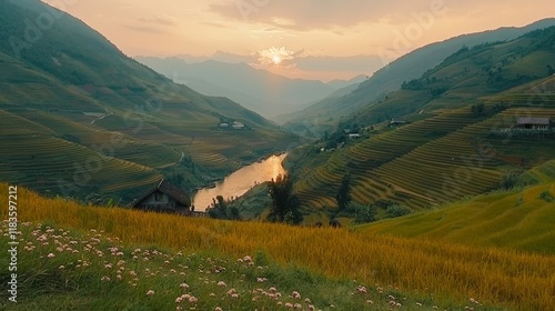 Breathtaking sunset over mu cang chai s rice terraces during harvest season in northern vietnam photo