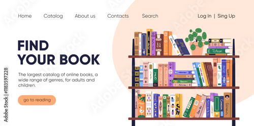 Online books catalog website, landing page design. Virtual internet library, store, web-site UI with digital literature for reading, studying. Education webpage template. Flat vector illustration