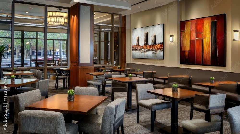 Elegant coffee shop featuring wooden tables, gray fabric chairs, and modern art on the walls, creating a chic environment Elegant coffee shop featuring wooden tables, gray fabric chairs, and modern art on the walls, creating a chic environment