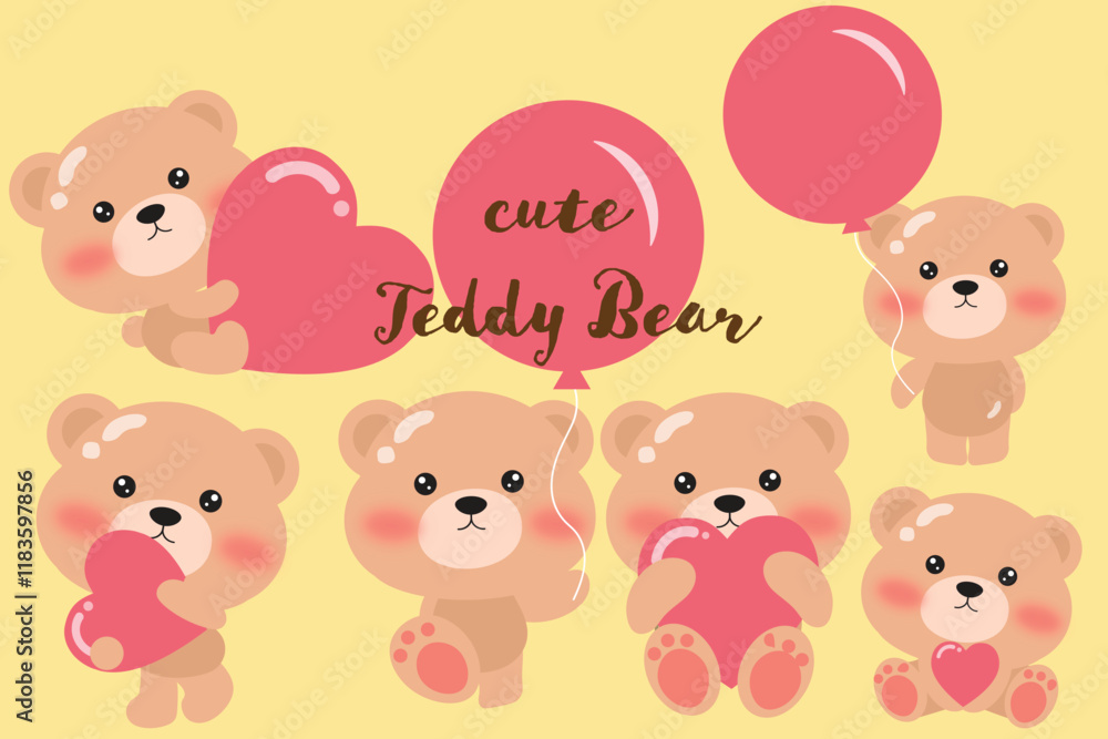 Cute Teddy Bear Illustration with Hearts and Balloons Cute Teddy Bear Illustration with Hearts and Balloons