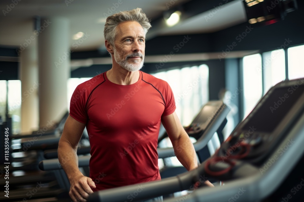 Mature man exercising on treadmill in modern gym, focusing on fitness and well being Mature man exercising on treadmill in modern gym, focusing on fitness and well being